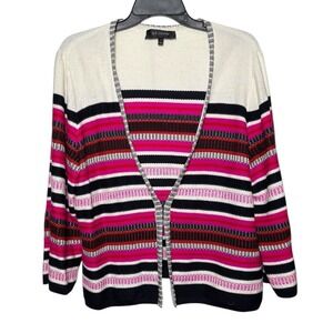 St. John Women's Striped Wool Blend Cardigan Sweater Pink Multi Size L Old Money